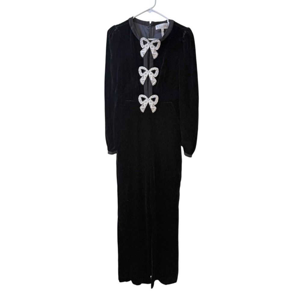 SALONI Camille Velvet Bow Embellished Jumpsuit in Black Sz 2 US - Picture 3 of 8